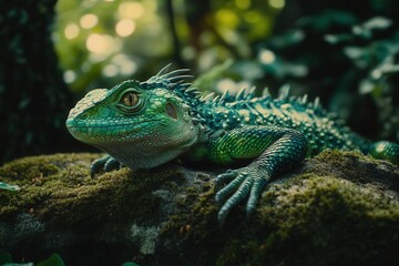 Fototapeta premium Green Chameleon Dragon Resting on Mossy Rock in Enchanted Forest