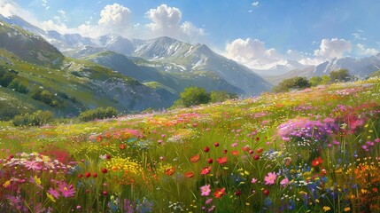 Fototapeta premium Wildflower meadow nestled between two hills, the vibrant blossoms swaying gently in the breeze, with distant peaks rising into a clear blue sky. 
