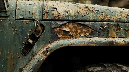 Old Military Vehicle with Rust and Damage in Dramatic Scene