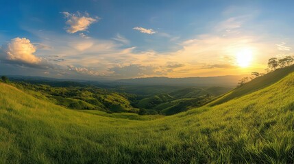 Obraz premium Green Grass Field Rolling Hills Under Blue Sky with Fluffy Clouds for Spring Summer Campaigns