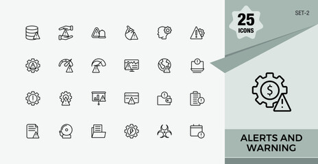 Alerts And Warning collection. Includes thin line error, attack, application, danger, hazard, notice, death, important. Thin icon design. Editable stroke.