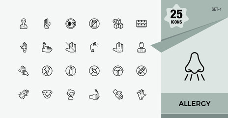 Allergy linear icon. It contains symbols to nut, treatment, nose, lactose, sneeze and more. Minimal linear icons. Minimalist editable vector stroke.