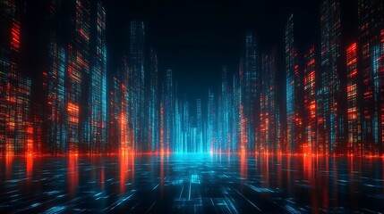 Fototapeta premium Futuristic city landscape with glowing lights and reflections at night