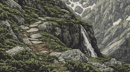 Stone path winds through a mountain scene with waterfall