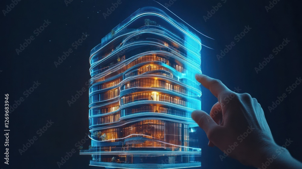 Poster futuristic skyscraper design manipulated by a virtual hand in cyberspace