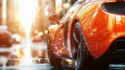 Stunning Modern Sports Car Reflected in City Street at Sunset
