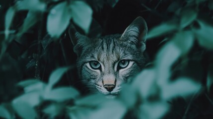 Obraz premium A curious cat peers out from behind leafy vegetation