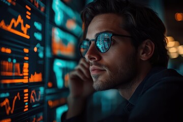 Thoughtful young man with sunglasses analyzing financial data on digital screen