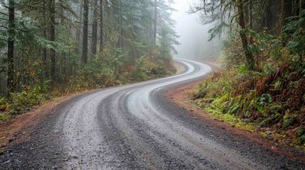 Obraz premium Winding Gravel Road through Dense Fog in Lush Forest Landscape