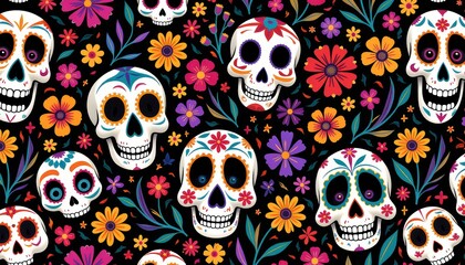 Vibrant Day of the Dead Wallpapers: Intricate Sugar Skulls Against Black Background with Colorful Flowers and Leaves. A pattern of sugar skulls and flowers on a black background.