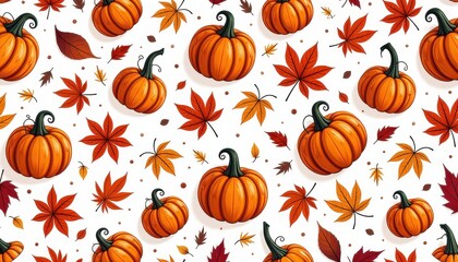 Vibrant Pumpkin and Autumn Leaves Scene on White Background  Stunning Visuals. A pattern of pumpkins and autumn leaves.