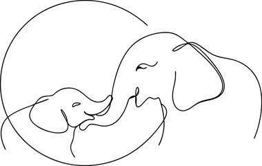 Mother Elephant and Calf Line Art, Gentle Touch, Wildlife, Circle, Bond, Nature, Family, Love, Affec