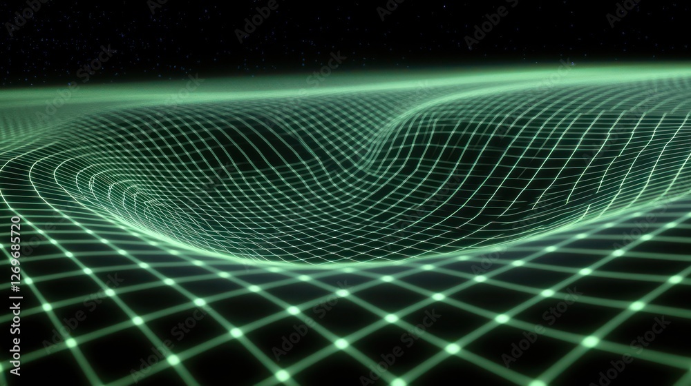 Poster Abstract Green Gridded Surface Depicting Spacetime Curvature