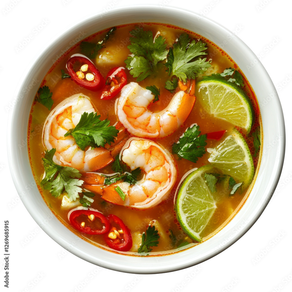 Wall mural Delicious shrimp soup with fresh herbs, lime, and chili peppers, offering vibrant and flavorful dish perfect for any meal