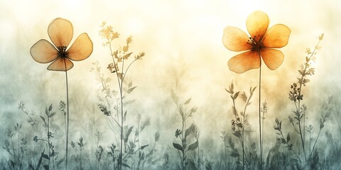 Naklejka premium Vintage Floral Background, Watercolor Wildflowers, Soft Yellow and Beige Tones, Romantic, Pastel