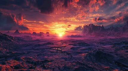 Fiery Twilight Over Rugged Landscape with Dramatic Sky Features