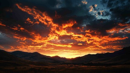Fototapeta premium Dramatic Twilight Over Rugged Landscape with Silhouetted Mountains