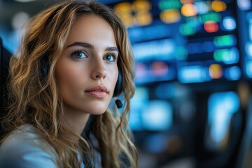 Fototapeta premium Focused woman with headset in a modern control room analyzing data on screens