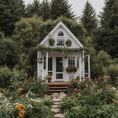 "A cozy cottagecore-inspired computer wallpaper featuring a tiny house and garden on a white background."