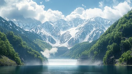 The Kurobe Dam seen from the Tateyama-Kurobe Alpine Route, with water cascading down the reservoir and the surrounding snow-covered peaks towering in the background