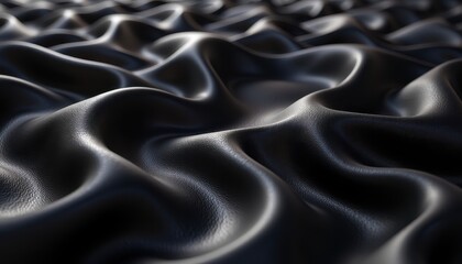 Obraz premium Luxurious Black Satin Fabric with Intricate Folds and Glossy Sheen. A close up shot of a black leather texture.