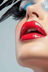 A close-up portrait of a glamorous drag queen in bold makeup, feathers, and sequins, exuding confidence