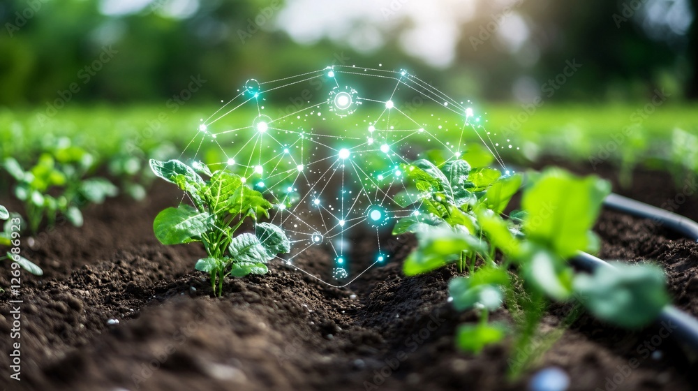 Poster Smart farming technology monitoring system showing data on crops growing in field