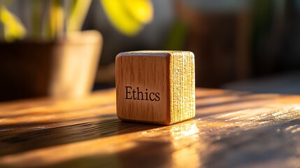Wooden cube with the word "Ethics" engraved, sitting on a wooden table in sunlight.