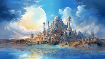 Fototapeta premium Watercolor drawing of a castle on the shore, with a big moon behind. Fantasy image.