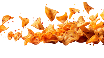 Tortilla Chips Falling Spicy Crunchy Snack, Tasty and Flavorful for Food Themes, isolated on transparent background.