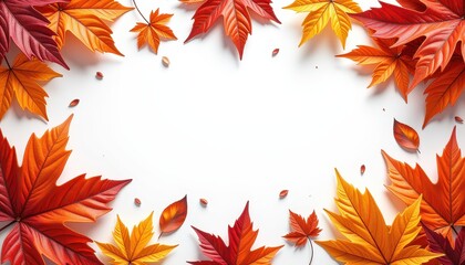 Vibrant Autumn Leaf Display: Symmetrical Composition Against Crisp White Background. A border made of autumn leaves on a white background.