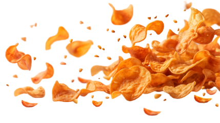 Sweet Potato Chips Flying Crispy Snack, Tasty and Fresh for Food Displays, isolated on transparent background.