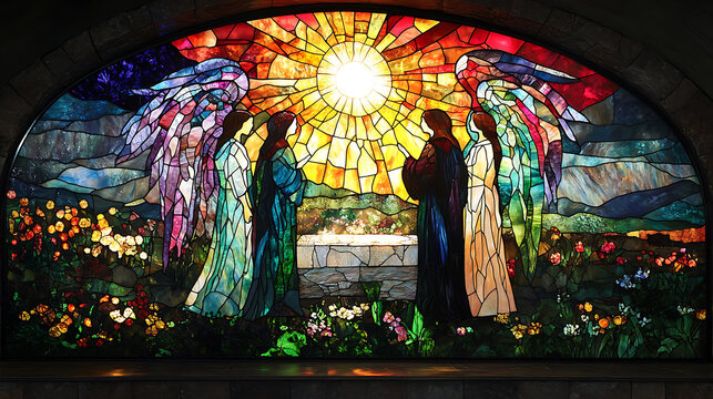 A stunning stained-glass window design of the moment of realization, the three women standing before the empty tomb, bathed in vibrant jewel-tone light. The angel&rsquo;s presence radiates divine energy,