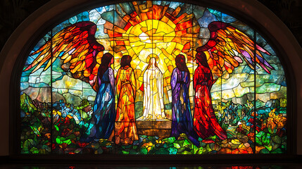 Naklejka premium A stunning stained-glass window design of the moment of realization, the three women standing before the empty tomb, bathed in vibrant jewel-tone light. The angel’s presence radiates divine energy,