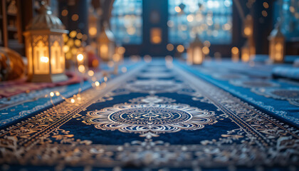 Prayer rug lies on the ground in empty muslim mosque. Islamic religious celebration - Ramadan Kareem - concept.