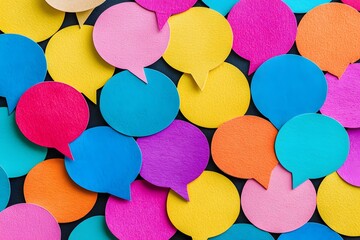 Colorful Speech Bubbles: A vibrant collage of multicolored speech bubbles, representing communication, conversation, and diverse perspectives. Perfect for social media, presentations.