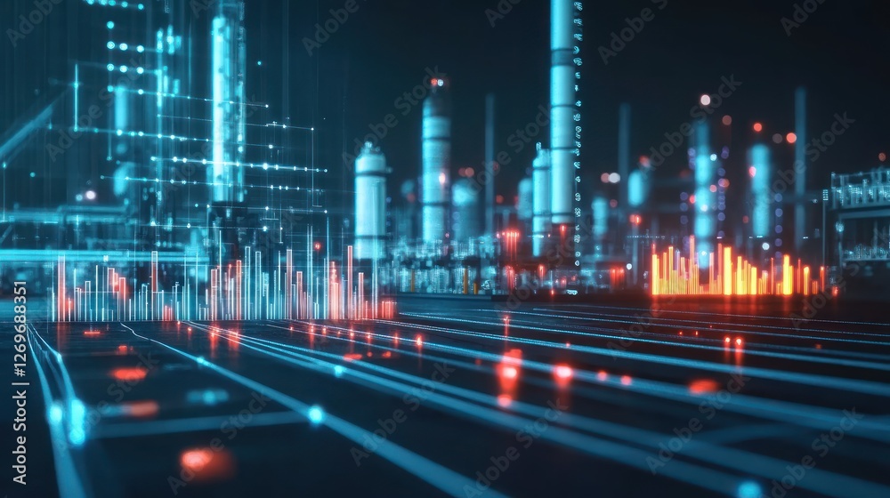 Poster futuristic cityscape illuminated with digital data streams