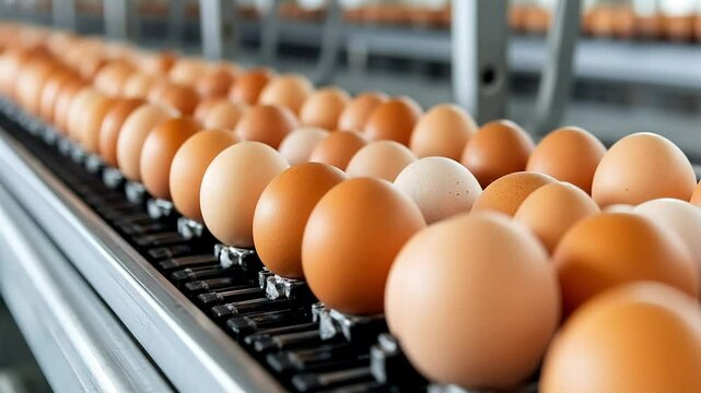 Fresh chicken eggs on a conveyor belt in a modern farm facility, detailed egg texture, clean industrial lighting, deep depth of field 