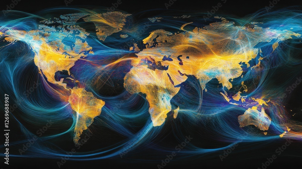 Poster Abstract world map displaying global network connections and data flow