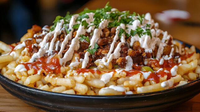 Photo of delicious Egyptian food Koshari, served on the dining table. AI generated Images.