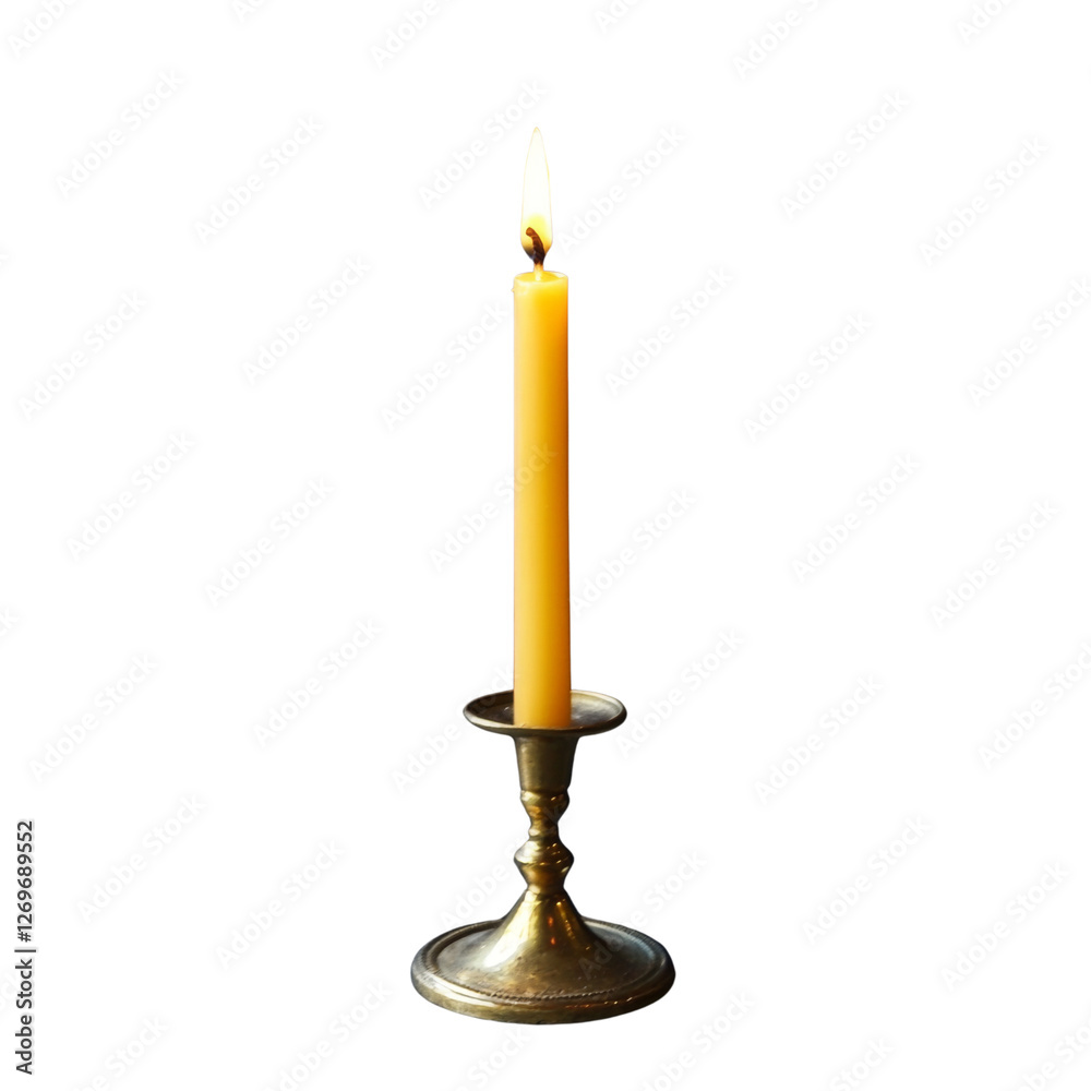 Poster lit yellow candle in silver candlestick, creating warm ambiance. soft glow of flame adds cozy and inviting atmosphere to any setting