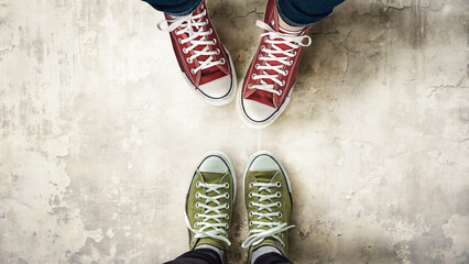 Zwei Paar Schuhe von oben stehen sich gegen&uuml;ber - Kommunikation und Dialog - Gespr&auml;ch und Austausch - Teffen - Unterschiede bei Personen - Liebe N&auml;he und Emotionen