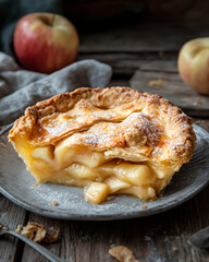 Close-up of a delicious, small shortcrust pastry apple pie cut in half on an old wooden table. Behind two apples.