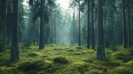 Obraz premium Majestic Scandinavian Forest Bathed in Soft Morning Light with Lush Green Moss Covering the Ground and Tree Trunks