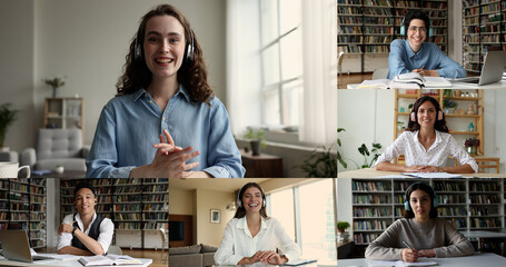 Multiple videos group of students make videocall. Multiethnic young people in headphones look at camera, e-learning, lead talk to on-line tutor using video conference application. Modern tech, e-study