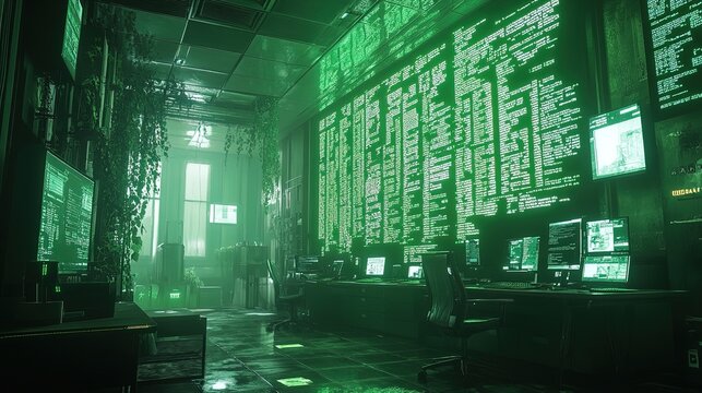 A hacker's virtual terminal filled with cascading neon green code, mysterious and immersive 