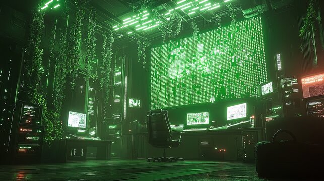 A hacker's virtual terminal filled with cascading neon green code, mysterious and immersive 