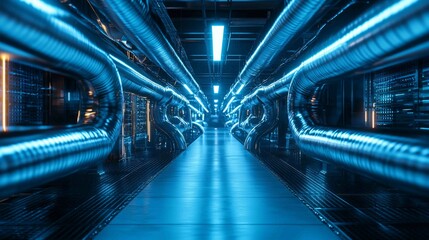 Fototapeta premium Futuristic Industrial Scene with Pipes and Bright Neon Lighting