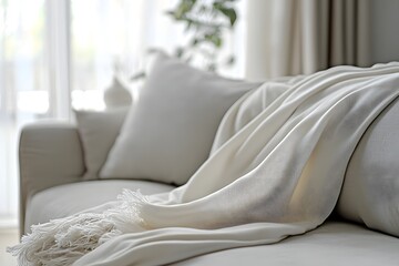 Cozy Corner: A soft, white throw blanket draped elegantly on a cream-colored sofa with plush pillows. It's an image of pure relaxation and comfort.