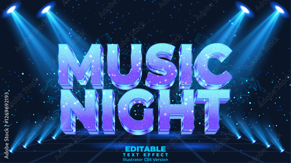 Fototapete music night event on club 3d editable vector text style effect with shiny spotlight vector